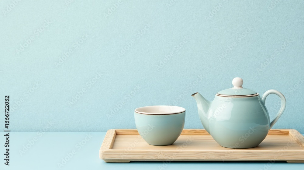 Serene tea set: light blue teapot and cup on a wooden tray. Serene tea set: light blue teapot and cup on a wooden tray.
