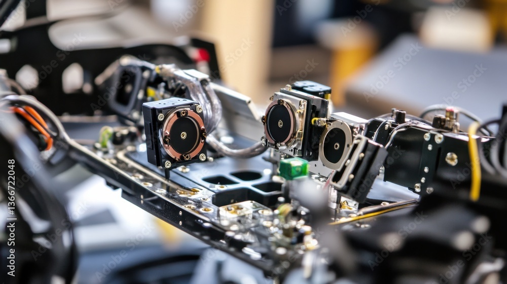 Obraz premium A robotic arm in an autonomous vehicle lab, assembling high-performance self-driving car sensors with precision, Auto-tech style