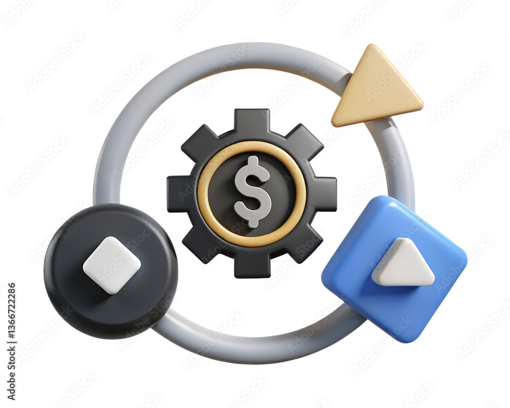 Illustration of a circular process with a gear dollar sign arrow and geometric shapes isolated transparent background Illustration of a circular process with a gear dollar sign arrow and geometric shapes isolated transparent background