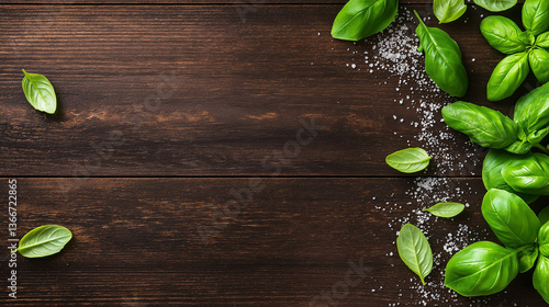 Basil and Salt on Wooden Table: A close-up shot showcasing fresh basil leaves and coarse sea salt artfully arranged on a rustic wooden table, exuding a sense of naturalness and culinary delight.