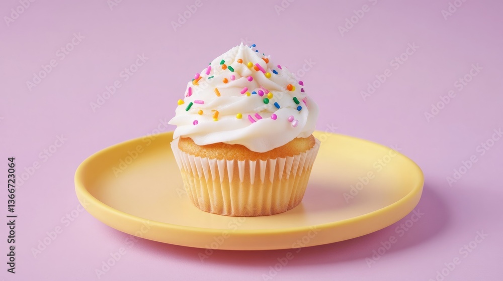 A single vanilla cupcake with rainbow sprinkles sits on a pastel yellow plate against a pink background. A single vanilla cupcake with rainbow sprinkles sits on a pastel yellow plate against a pink background.