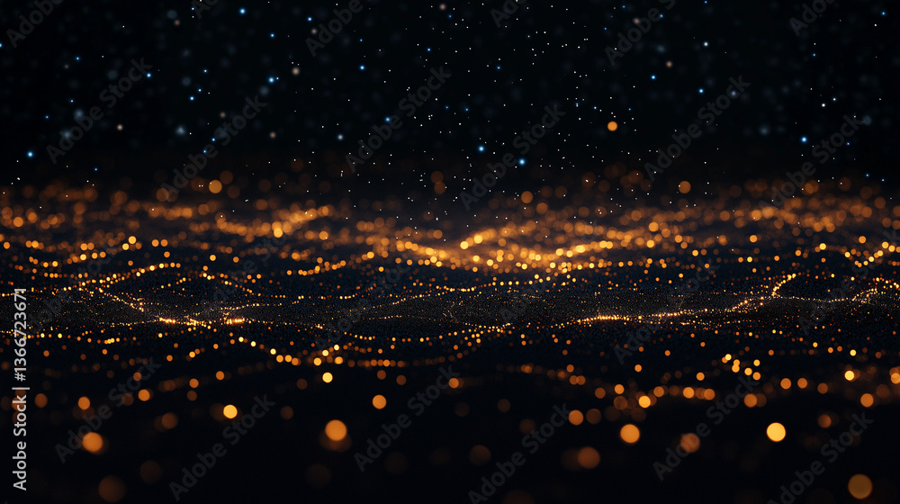 Naklejka premium Celestial Dance: A breathtaking, artistic portrayal of a starry night or an illuminated city, rendered in a sea of sparkling, radiant lights. The dark sky sprinkled with starlight.