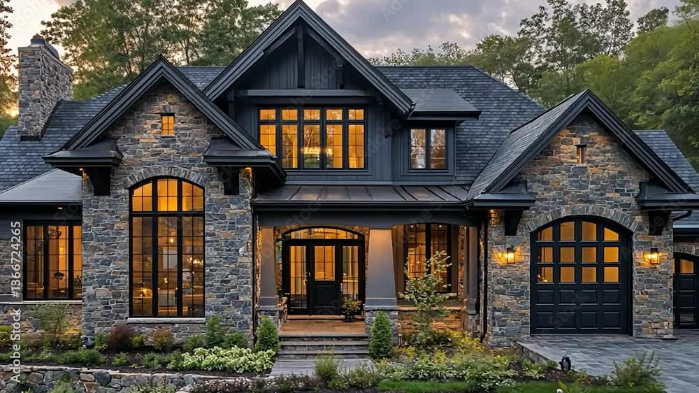 Luxurious stone house with dark accents, large windows, and landscaping at dusk. Luxurious stone house with dark accents, large windows, and landscaping at dusk.