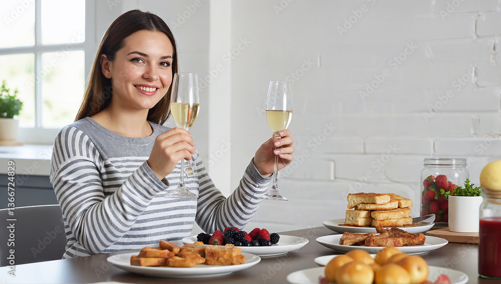 Celebrating Life: A Woman Enjoys a Brunch with Bubbly and Fresh Fruits Celebrating Life: A Woman Enjoys a Brunch with Bubbly and Fresh Fruits