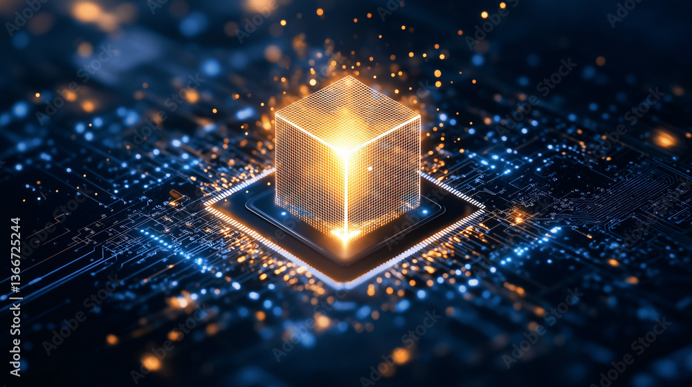 Digital Quantum Cube: A glowing, golden cube hovering above a complex, intricately patterned circuit board, symbolizing the dynamic intersection of technology and innovation. Digital Quantum Cube: A glowing, golden cube hovering above a complex, intricately patterned circuit board, symbolizing the dynamic intersection of technology and innovation.