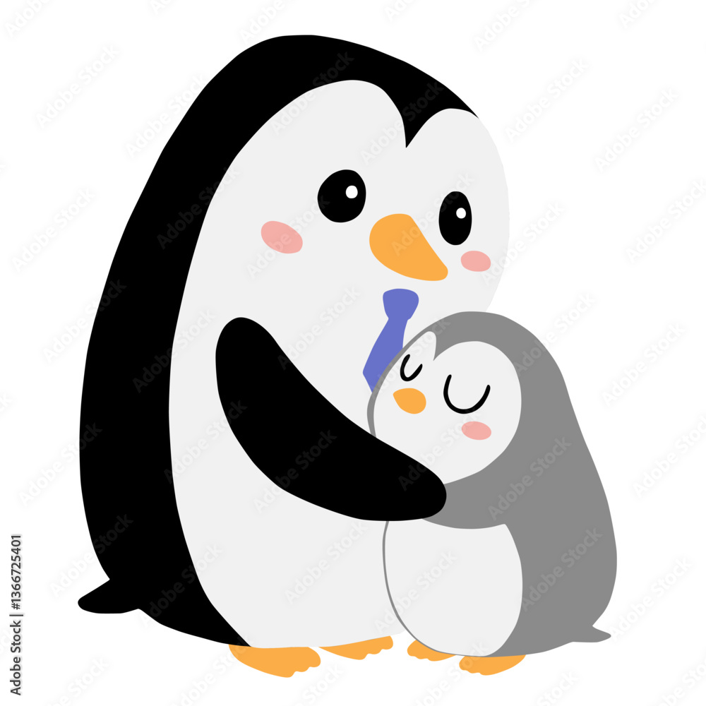 Fototapeta premium Penguin dad and him baby penguin isolated on white background. Fathers Day Holiday Parental Relationship.