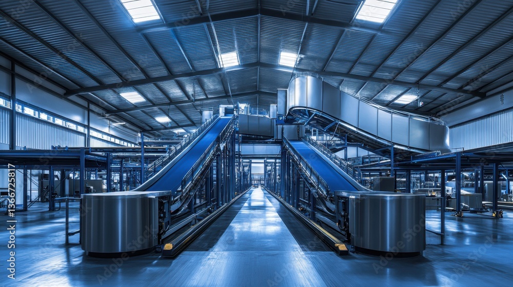 Obraz premium A modern warehouse with conveyor belts and automated sorting systems.