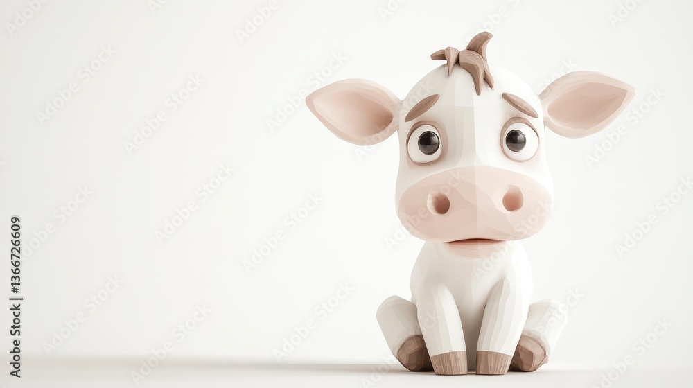 Fototapeta premium Adorable Low Poly White Calf with Brown Accents Sitting on White Background