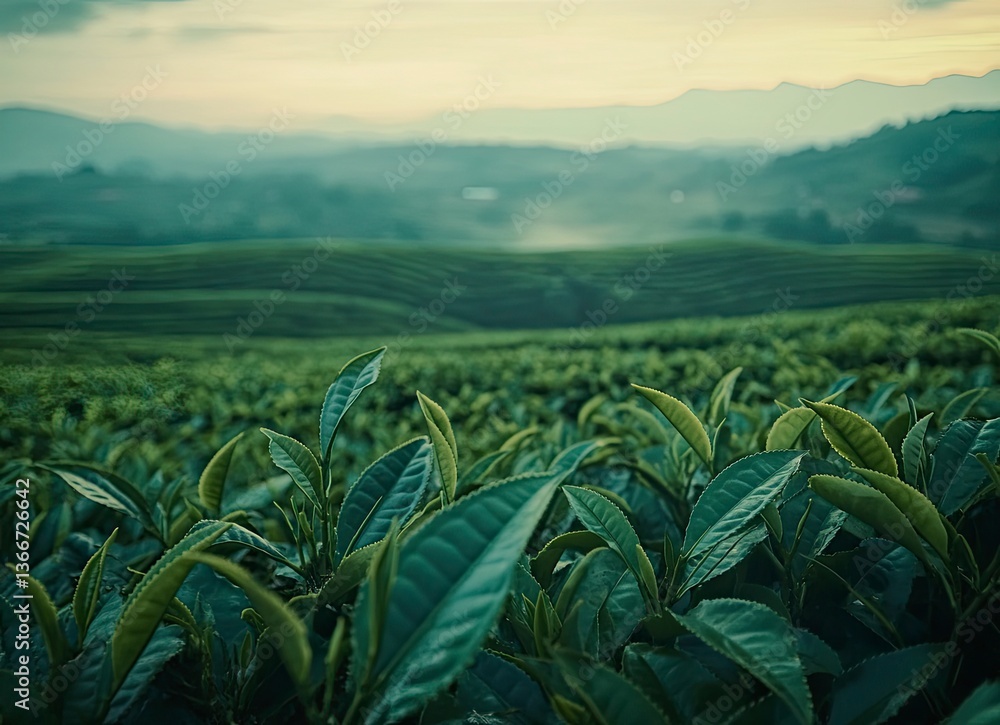 Green Tea Plantation Landscape with Rows of Bushes and Distant Mountains Green Tea Plantation Landscape with Rows of Bushes and Distant Mountains