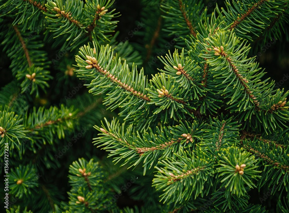 Close Up of Evergreen Tree Branch with Needles and Seed Cones Close Up of Evergreen Tree Branch with Needles and Seed Cones