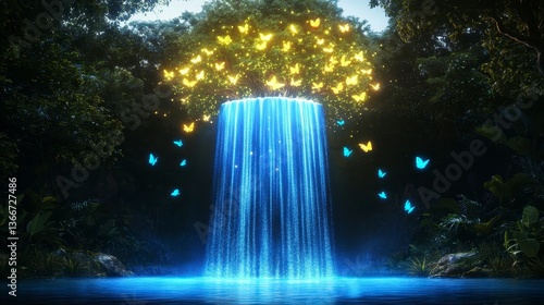 A magical waterfall surrounded by glowing butterflies creating a serene and enchanting atmosphere in a lush forest setting.