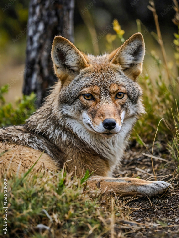 Close-up of a coyote resting, blending into its natural environment Close-up of a coyote resting, blending into its natural environment