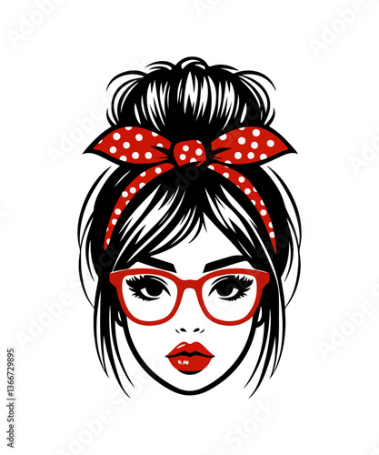 A vector illustration of a messy bun. It features a woman's face with red lips, red headband with dots tied into a bow at the top, and large red-framed glasses. 