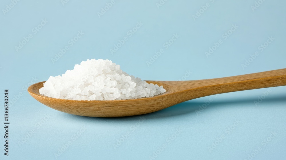 A wooden spoon holds a generous portion of white salt against a light blue background. A wooden spoon holds a generous portion of white salt against a light blue background.