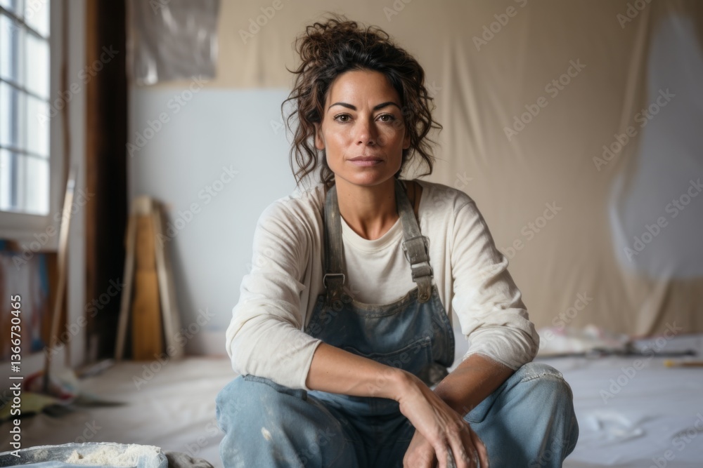 Portrait of a middle aged Hispanic female plastering painter in the living room Portrait of a middle aged Hispanic female plastering painter in the living room