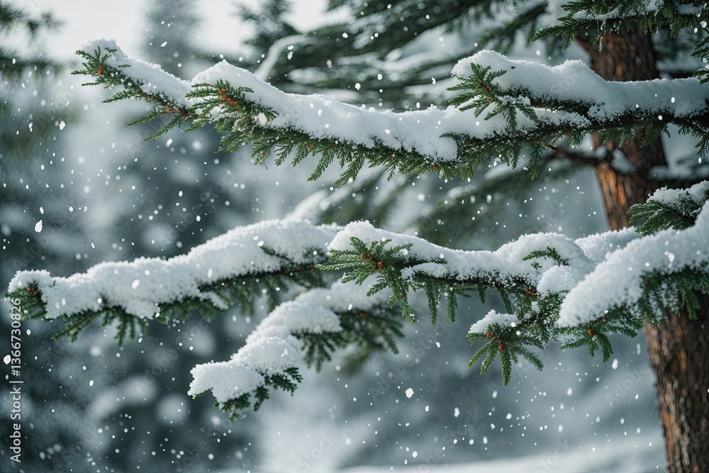 Fototapeta premium Whimsical Winter Landscape with Snow Flurries on Spruce Tree Limbs for a Holiday Celebration