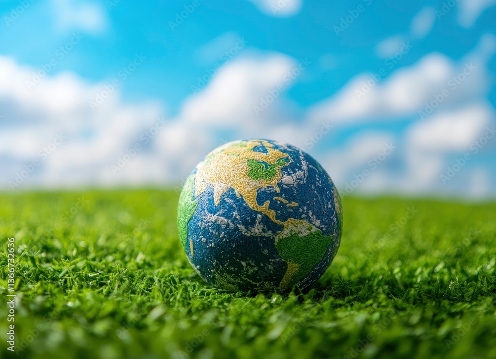Earth Globe on Green Grass Under a Blue Cloudy Sky Symbolizing Ecology Earth Globe on Green Grass Under a Blue Cloudy Sky Symbolizing Ecology