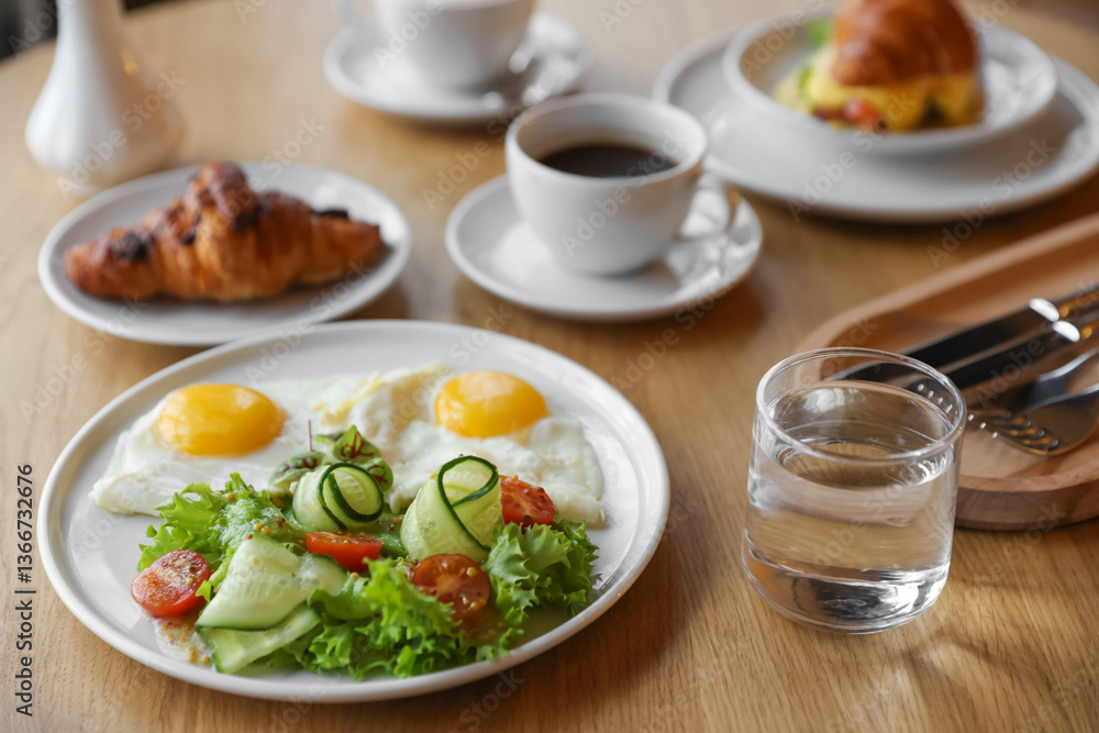 Delicious breakfast served on wooden table in cafe, closeup Delicious breakfast served on wooden table in cafe, closeup