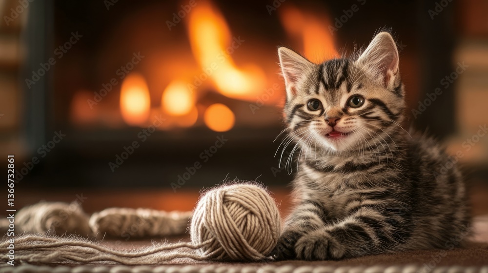 Obraz premium Adorable tabby kitten by a warm fireplace.