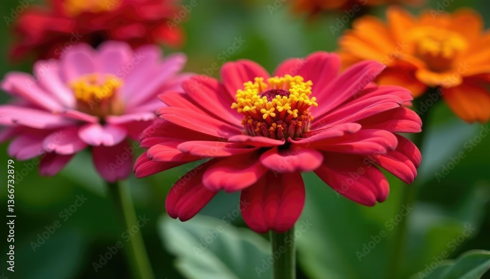 Brightly colored zinnia flowers with large petals, spring garden, zinnias Brightly colored zinnia flowers with large petals, spring garden, zinnias