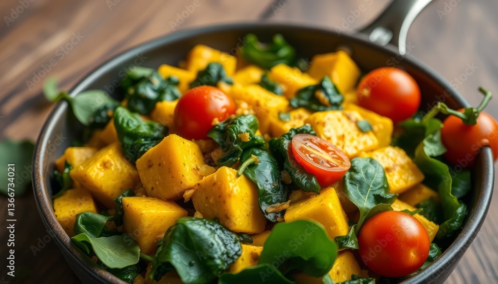Closeup View Of Tasty Tofu And Spinach Dish With Cherry Tomatoes Closeup View Of Tasty Tofu And Spinach Dish With Cherry Tomatoes