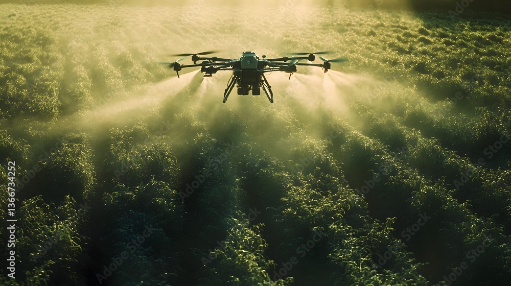 Naklejka premium Drone fertilizer spraying with ai precision in agricultural fields at sunrise