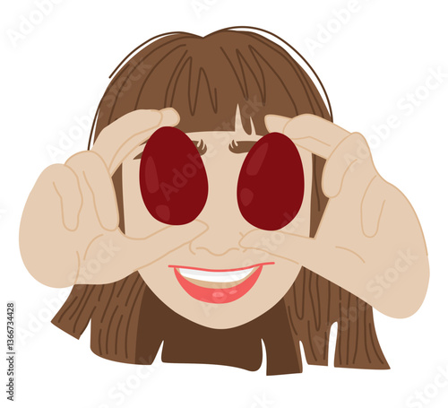 Happy child girl holding Easter eggs in front of the eyes on white background. Vector clip art. Abstract girl head