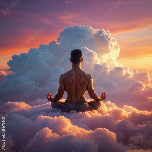 Man Meditating on Clouds at Sunrise