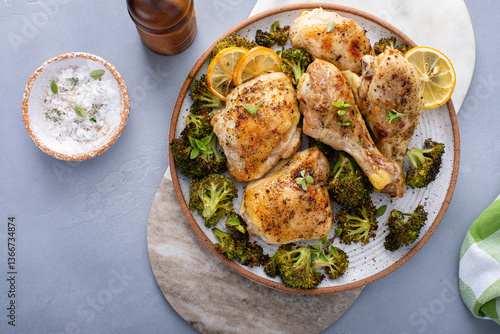 Fotografie Oven roasted chicken with broccoli on a serving plate, easy sheet pan dinner or