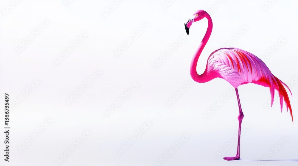 Fototapeta premium A vibrant pink flamingo stands elegantly against a minimalistic white background, showcasing its unique silhouette and graceful posture.