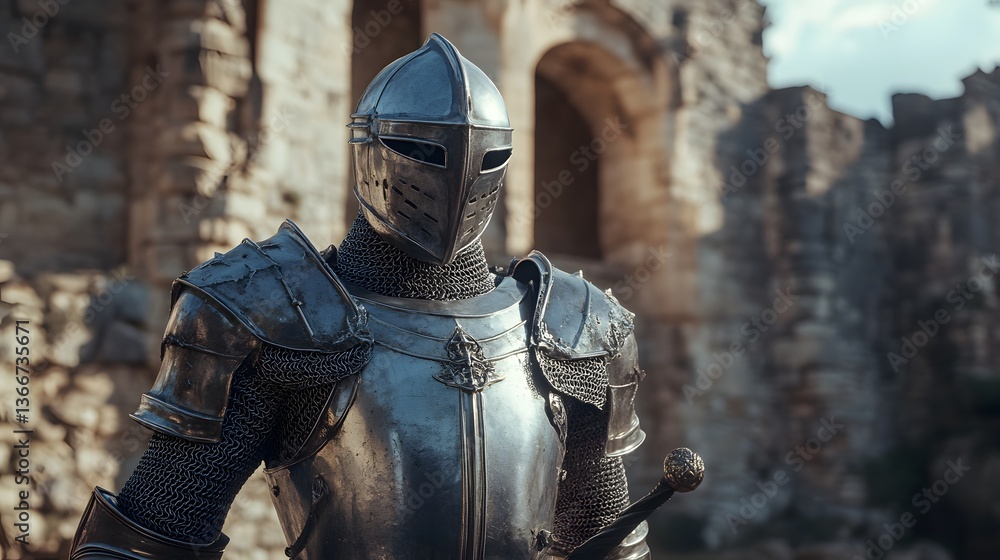 Fototapeta premium High-tech knight in armor battles ancient ruins medieval fantasy outdoor wide angle futuristic hero