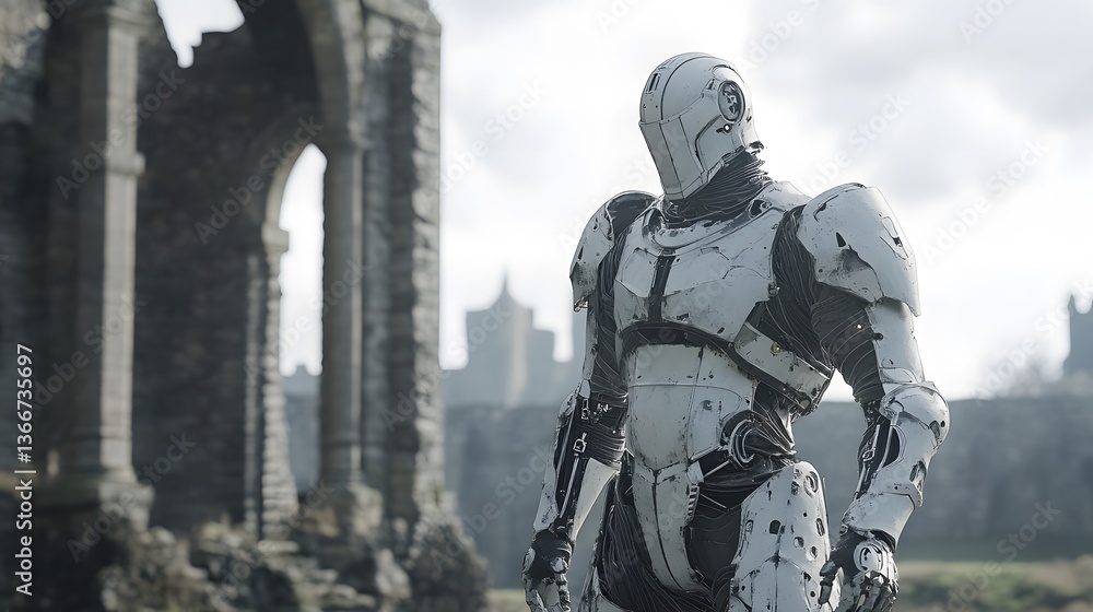 Sci-fi concept knight in armor in a ruined castle within a futuristic dystopia Sci-fi concept knight in armor in a ruined castle within a futuristic dystopia