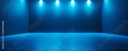 Modern Blue Interior Room with Spotlights and Concrete Floor Background