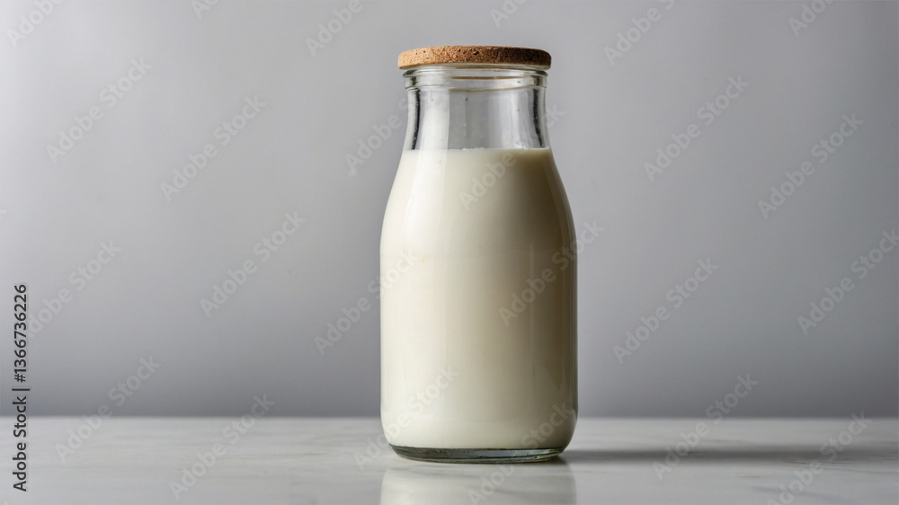 Glass Bottle of Fresh Milk on a Minimalist White Background Glass Bottle of Fresh Milk on a Minimalist White Background