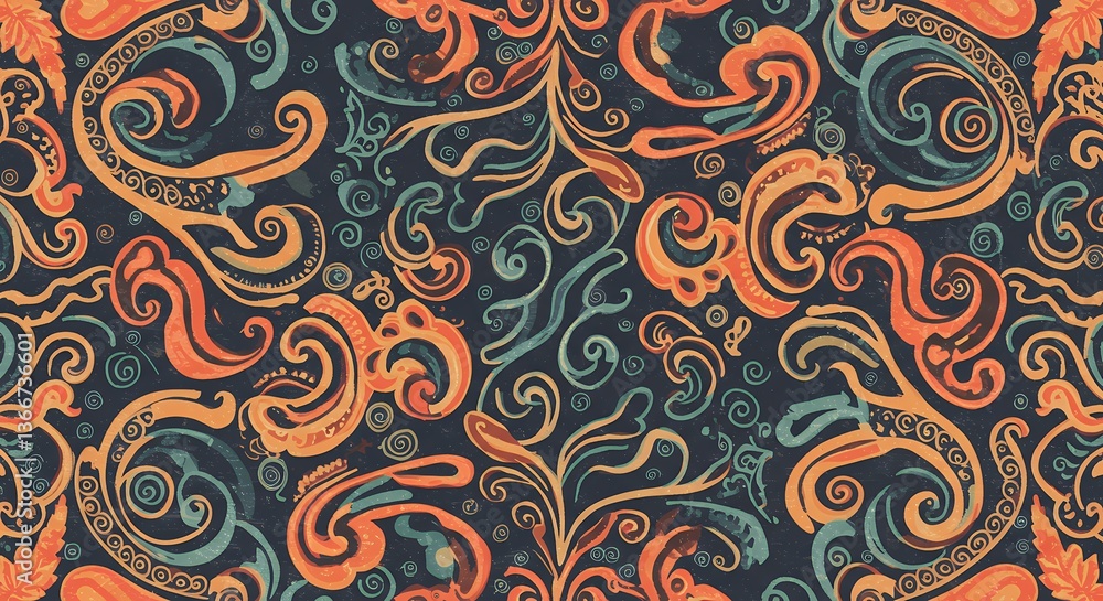 Ornate Floral Swirl Pattern in Orange and Teal on Dark Background Ornate Floral Swirl Pattern in Orange and Teal on Dark Background