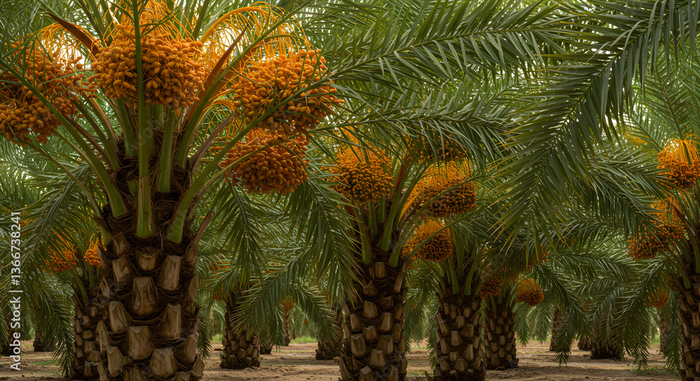 Golden Date Palm Grove: Abundant Harvest in Lush Oasis Golden Date Palm Grove: Abundant Harvest in Lush Oasis