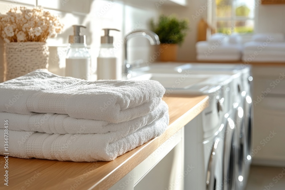 Clean organized laundry room with white towels and natural cleaning products