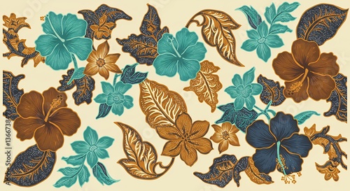 Hibiscus Flower Pattern with Batik Style Artwork for Textile Design