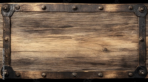 A weathered wooden board surrounded by antique metal frame