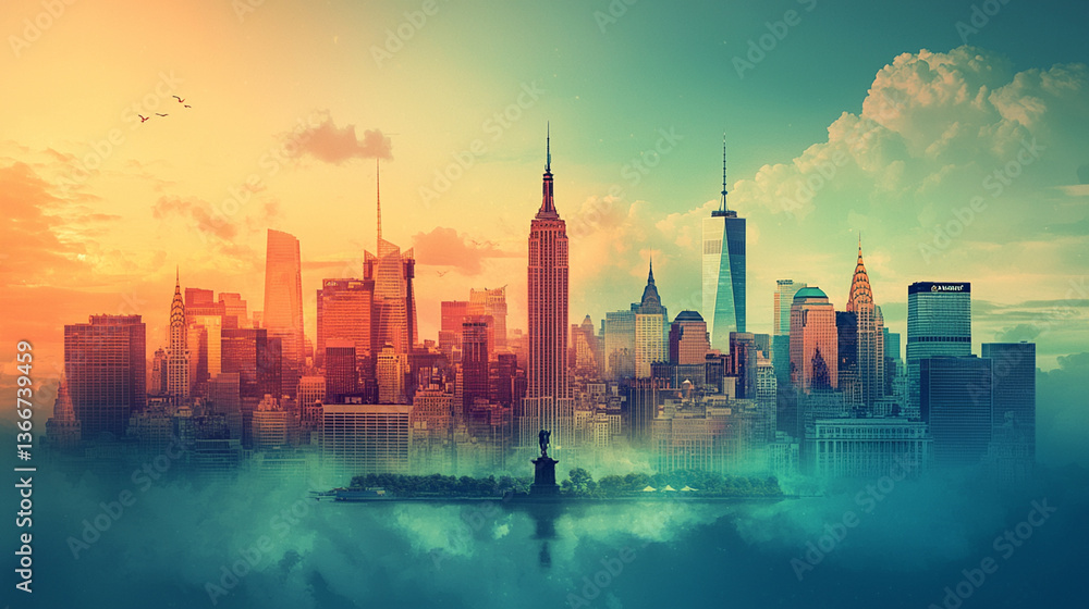 Naklejka premium City skyline at sunrise