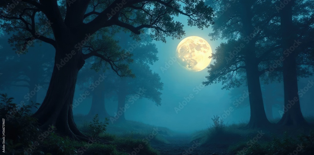 Fototapeta premium Full moon shining through misty forest canopy with tree branches, mist, light, foliage