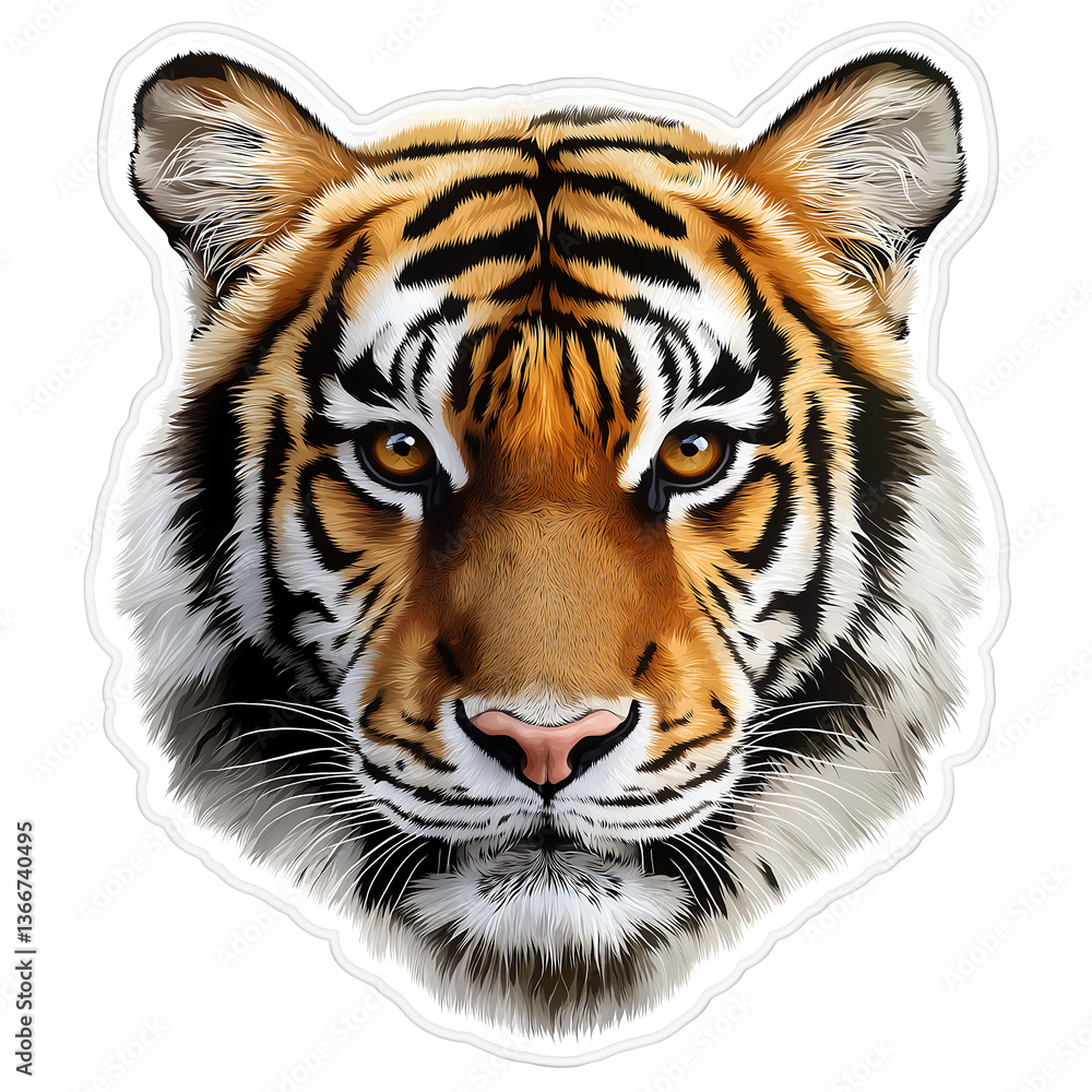 Fototapeta premium Majestic Tiger Head Portrait: Vibrant Wildlife Illustration of Endangered Big Cat