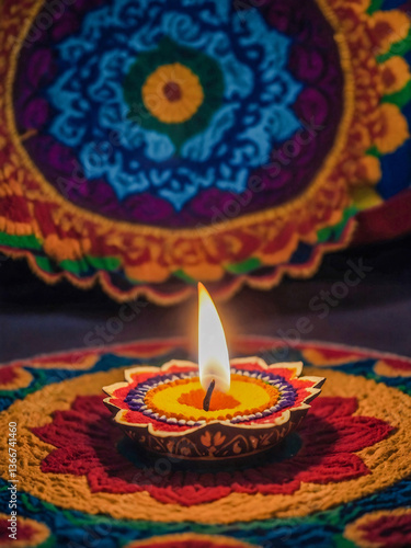 Close-up of a diya lamp with a flickering flame on a rangoli pattern