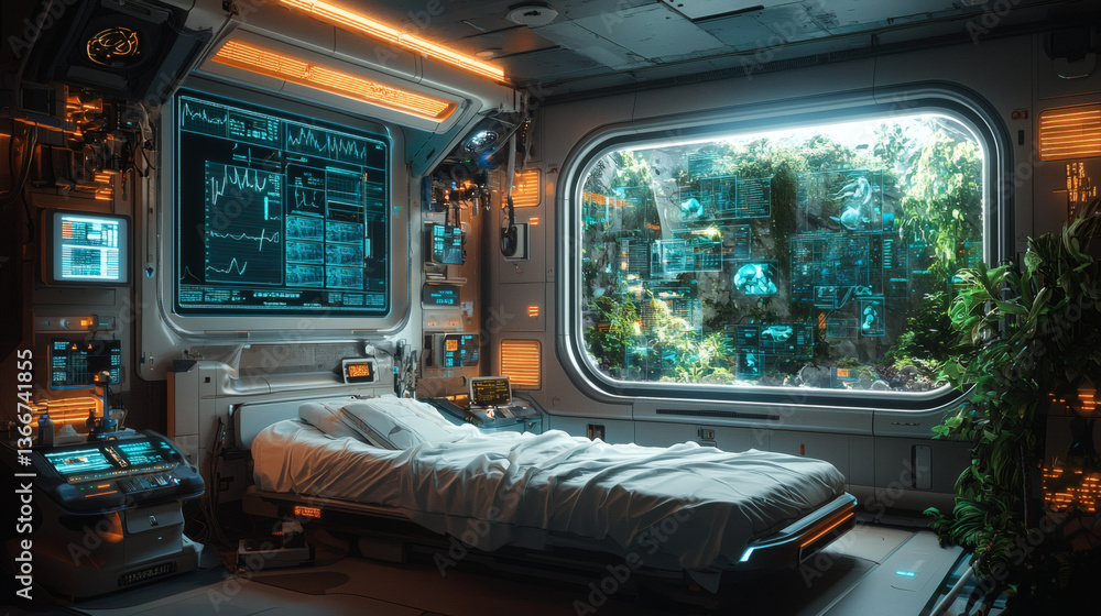 Futuristic Smart Hospital Room with AI-Powered Robotic Assistants and Holographic Data Projections Futuristic Smart Hospital Room with AI-Powered Robotic Assistants and Holographic Data Projections