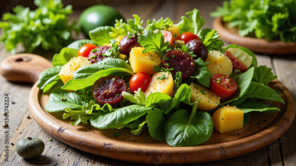 Fresh and vibrant salad featuring leafy greens, colorful fruits, and herbs, perfect for healthy meal Fresh and vibrant salad featuring leafy greens, colorful fruits, and herbs, perfect for healthy meal