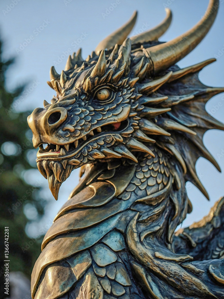 Fototapeta premium Close-up of a dragon statue with long horns