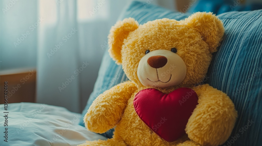 Fluffy teddy bear with a heart, resting on a bed. Fluffy teddy bear with a heart, resting on a bed.