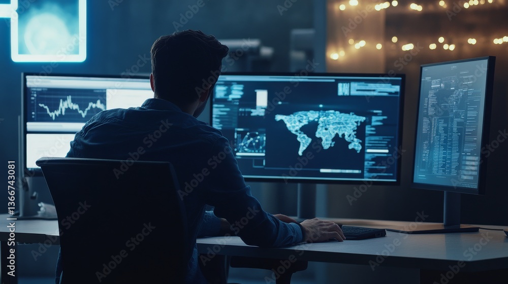A blockchain researcher designing AI powered crypto risk assessment tools for decentralized platforms, futuristic risk lab with real-time risk data, High-tech style A blockchain researcher designing AI powered crypto risk assessment tools for decentralized platforms, futuristic risk lab with real-time risk data, High-tech style
