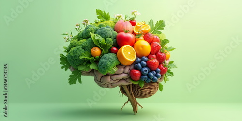 Brain made of fresh fruits, leafy herbs. Raw food lemon detox. Good mental health, positive think, self care concept. Well diet, vivid color Eat apple help human mind. Green background made body shape