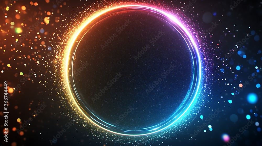 Obraz premium Colorful illuminated circle surrounded by many sparkling particles in the dark